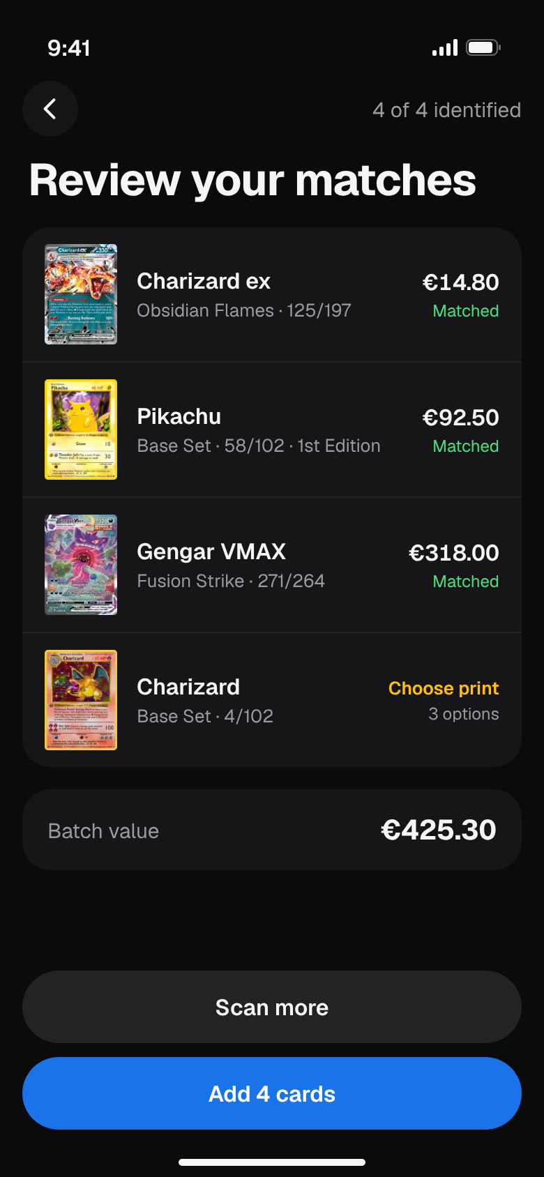 A batch of scanned cards waiting for review in PokeSingle
